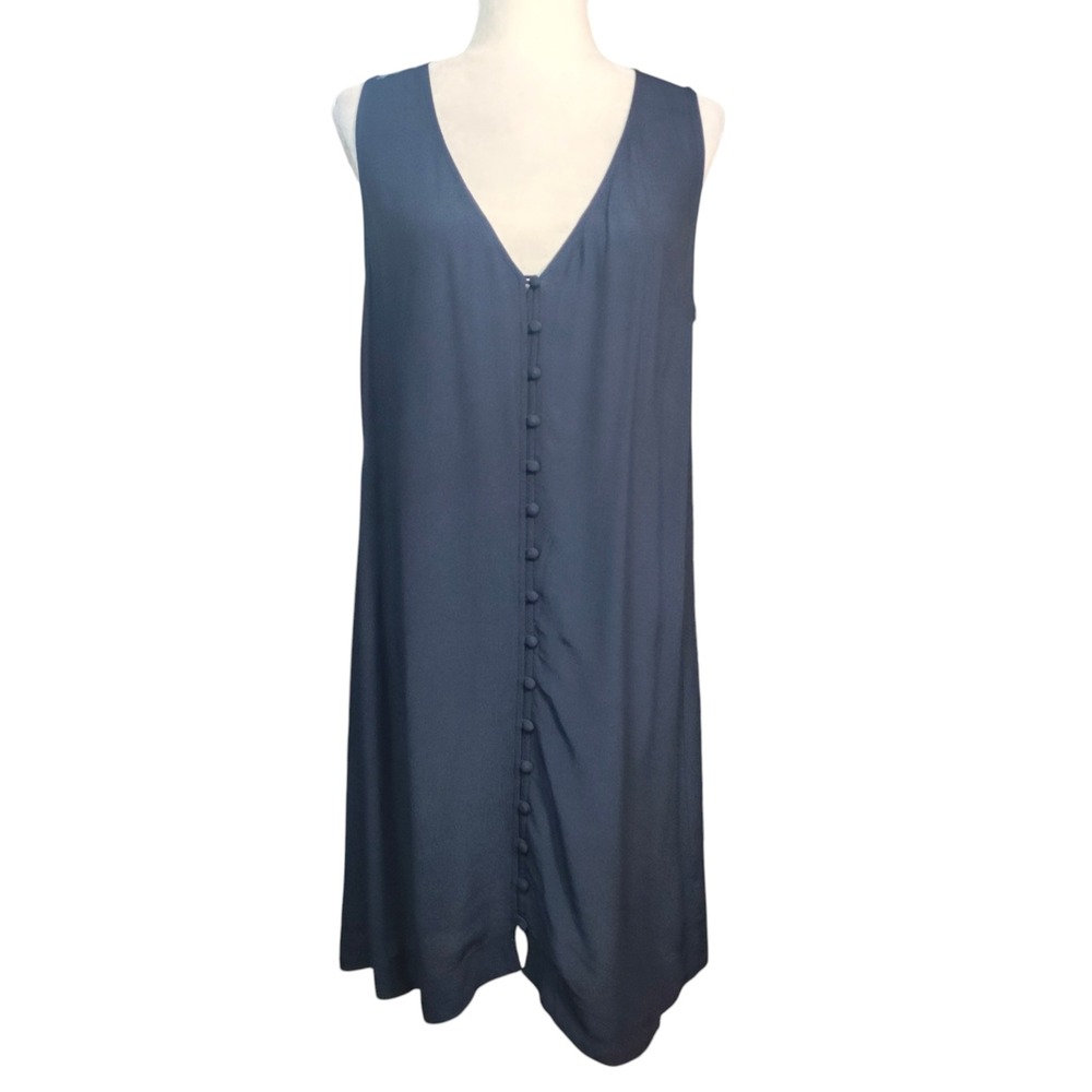 Madewell Navy Blue Button Front V-Neck Sleeveless Midi Shift Dress Size M FLAW